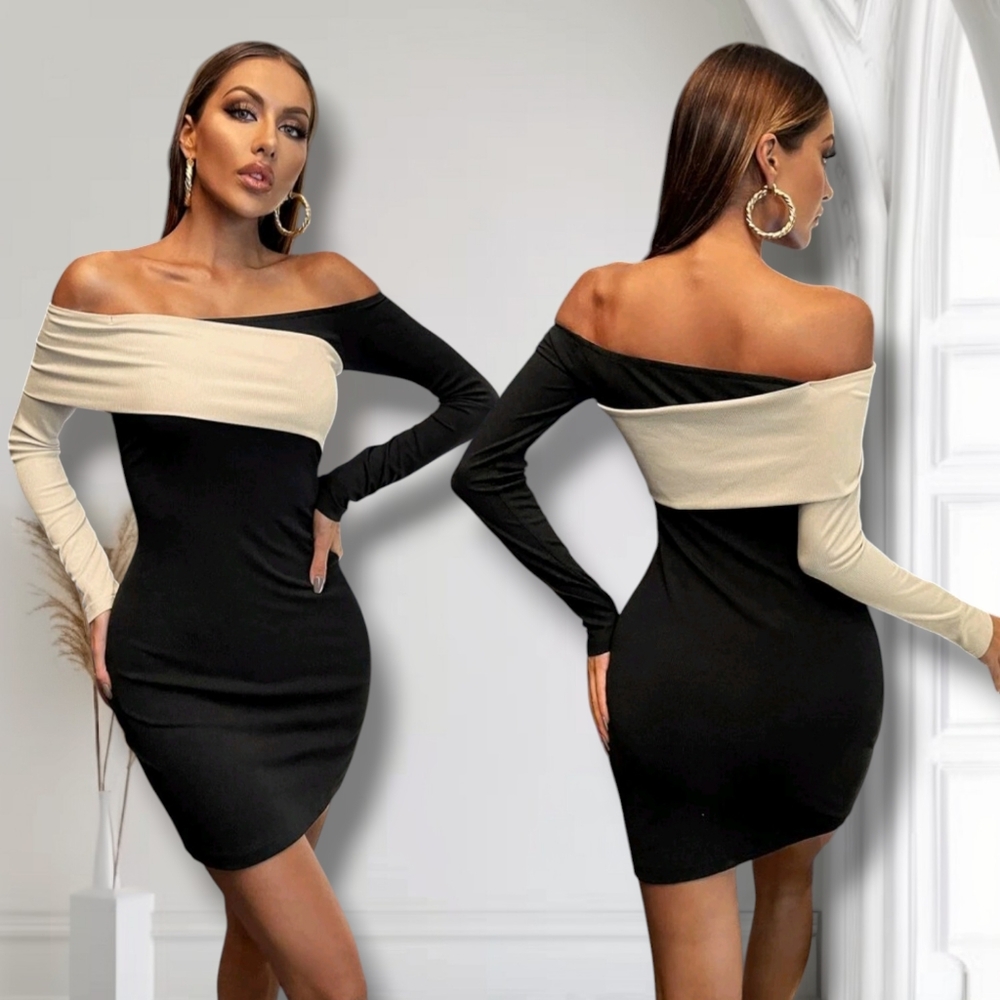 New🖤Women's Black/Cream Color Block Off-Shoulder Rib Knit Dress